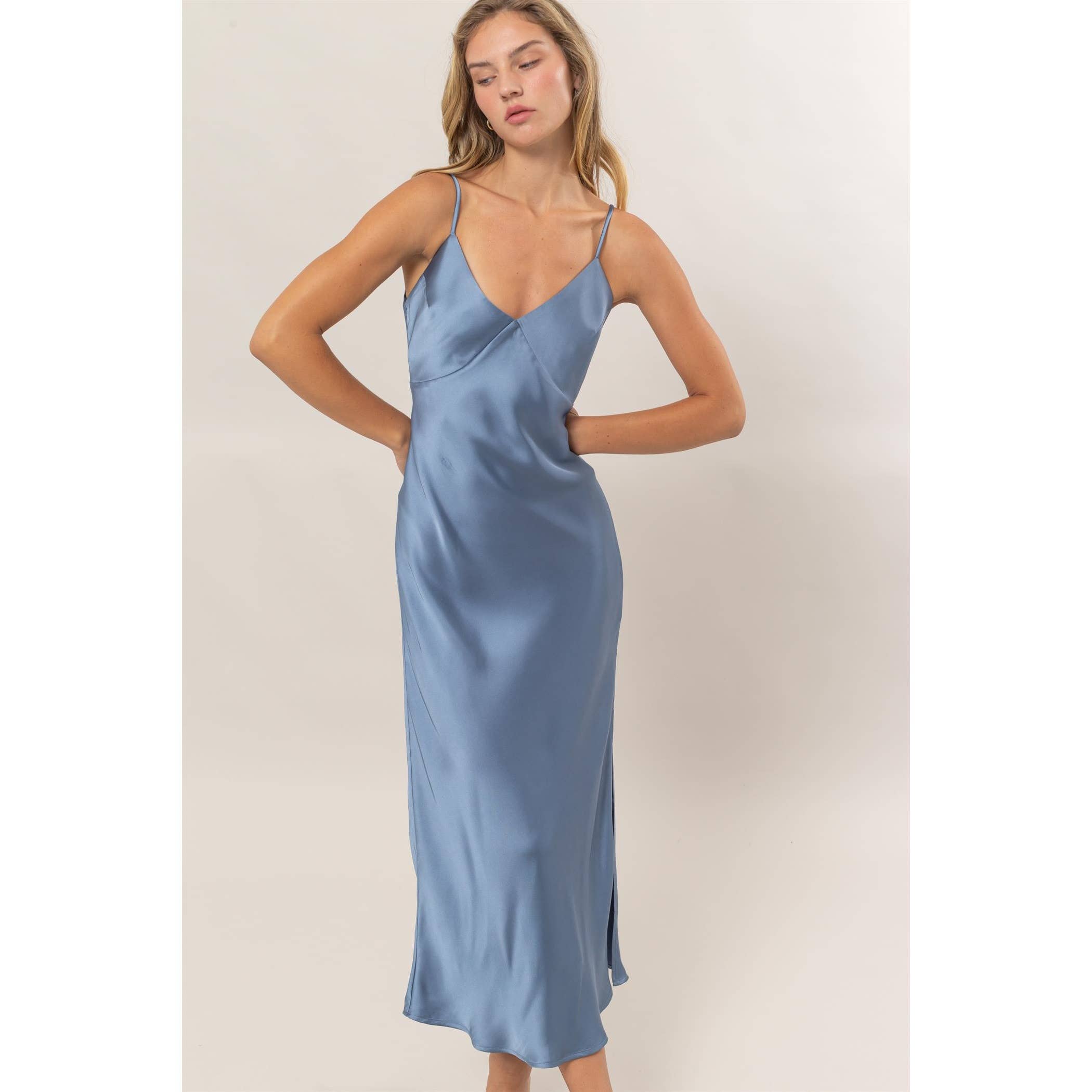 Misty Blue Satin Midi – Gilded Swan Boutique