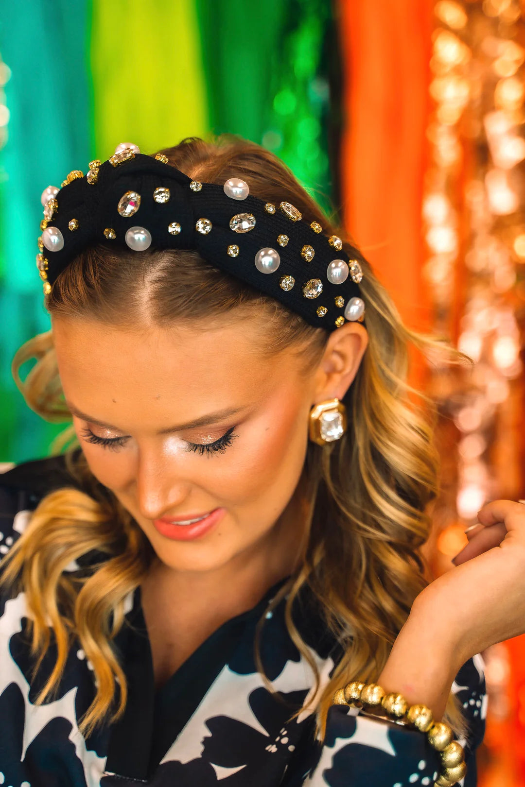 BC- Black Twill Headband Crystals and Pearls