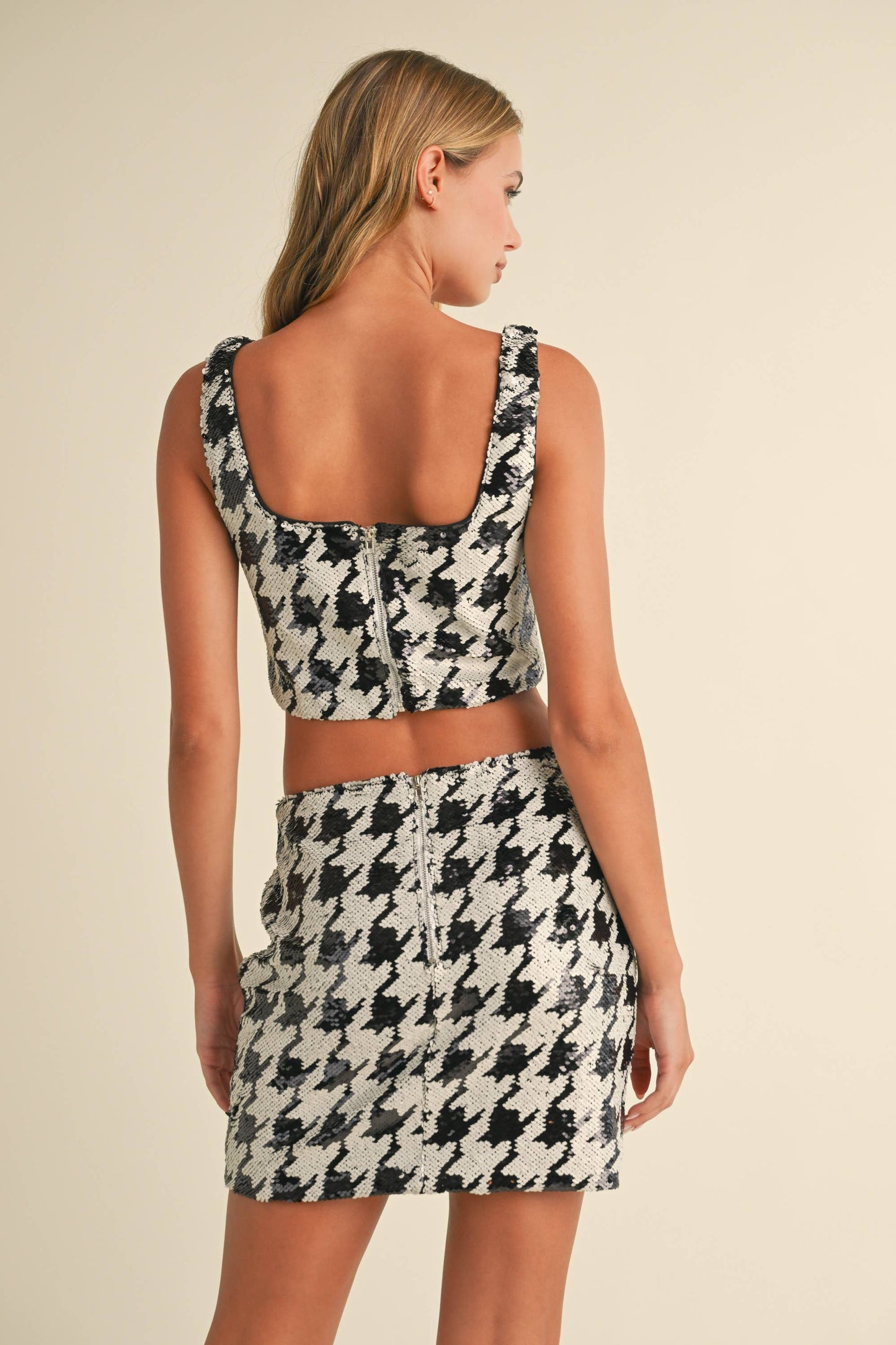 HOUNDSTOOTH SEQUIN CROPPED TANK AND SKIRT SET
