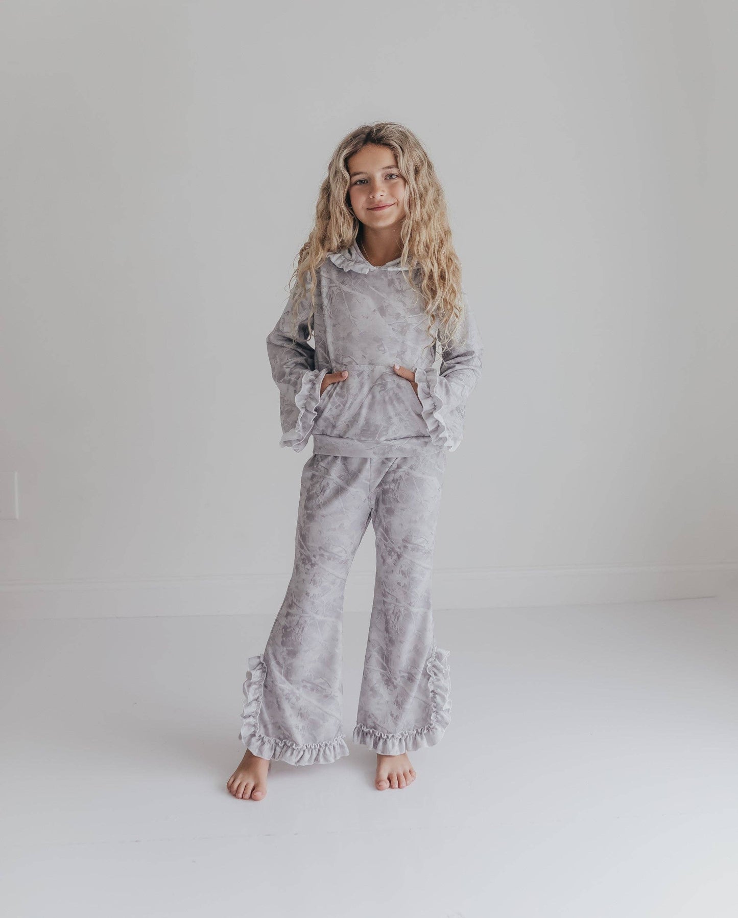 Girls Light Gray Camo Ruffle Lounge Set