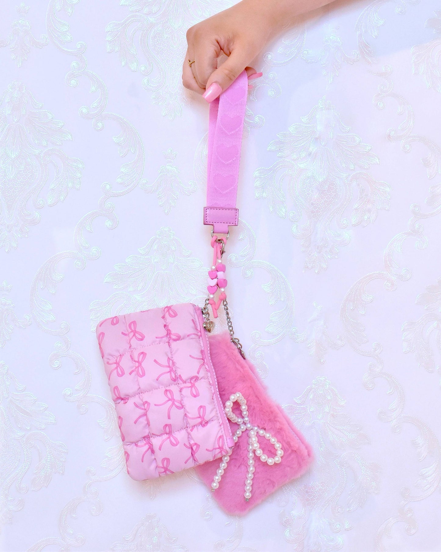 Quilted Scrunchies Bow 3 Piece Coin Purse Keychain Set