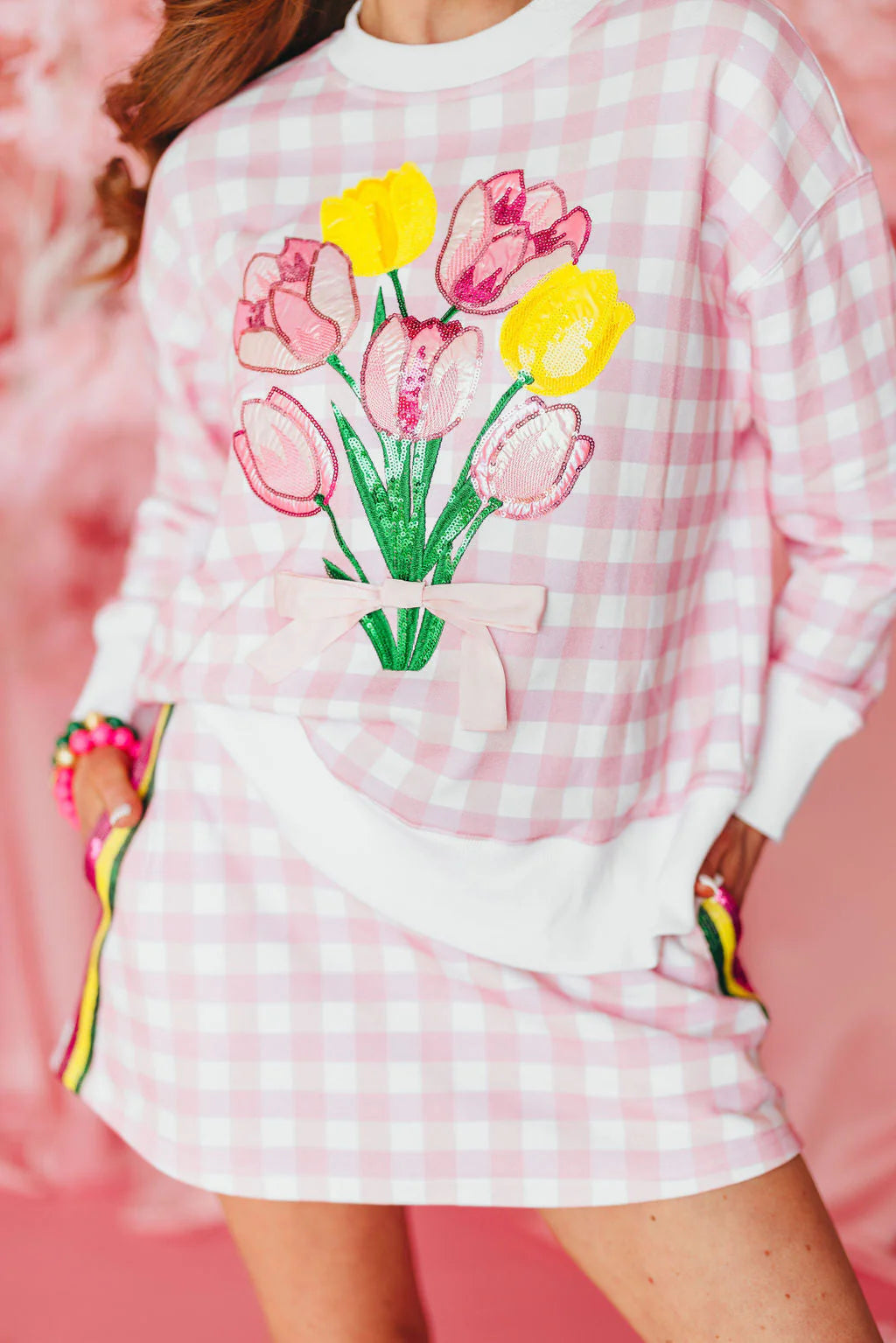 BC- Pink Gingham Bouquet Sweatshirt