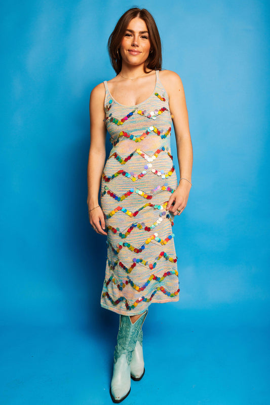 QOS Rainbow Knit Zig Zag Paillette Tabk Midi Dress