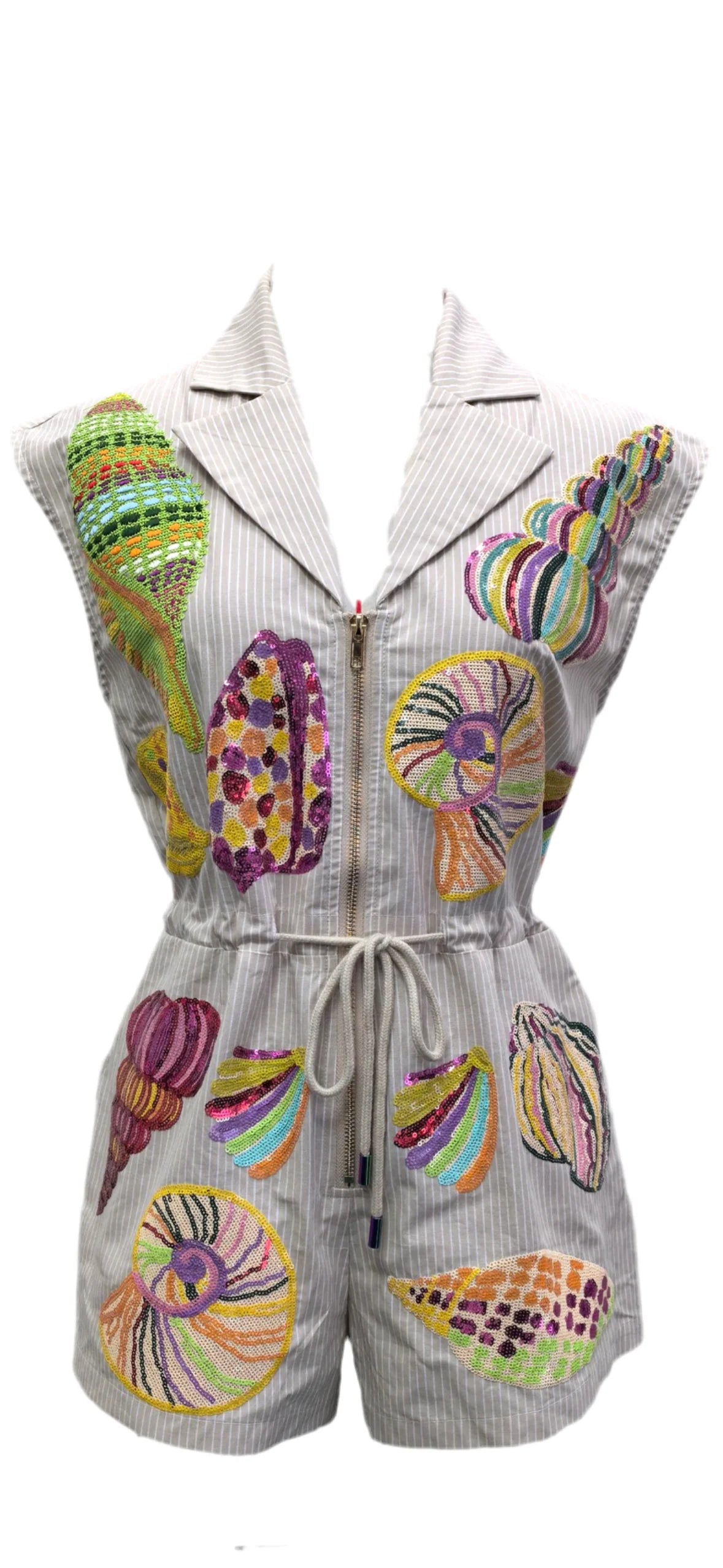 QOS Tan Stripe Multi Shell Tie Romper