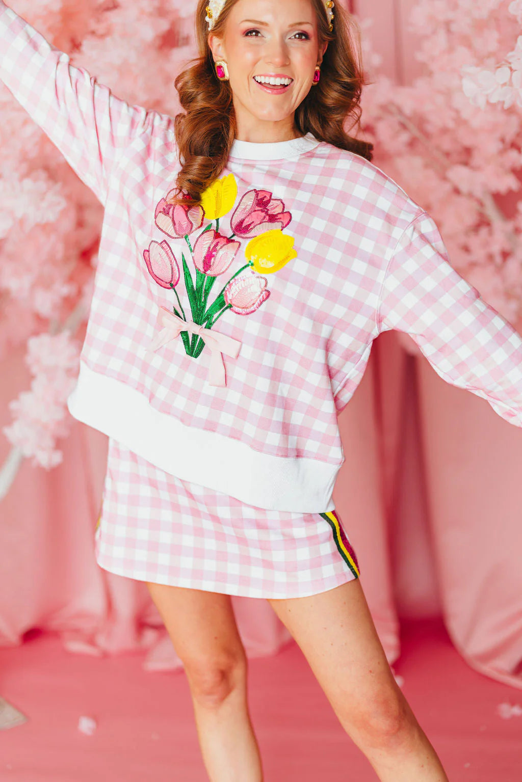 BC- Pink Gingham Bouquet Sweatshirt