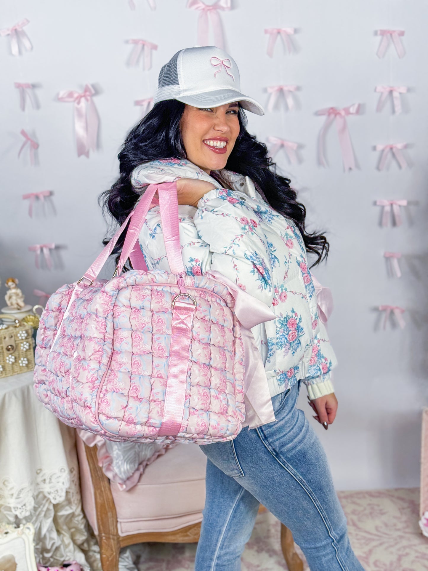 Floral Bow Quilted Weekender Duffle Bag