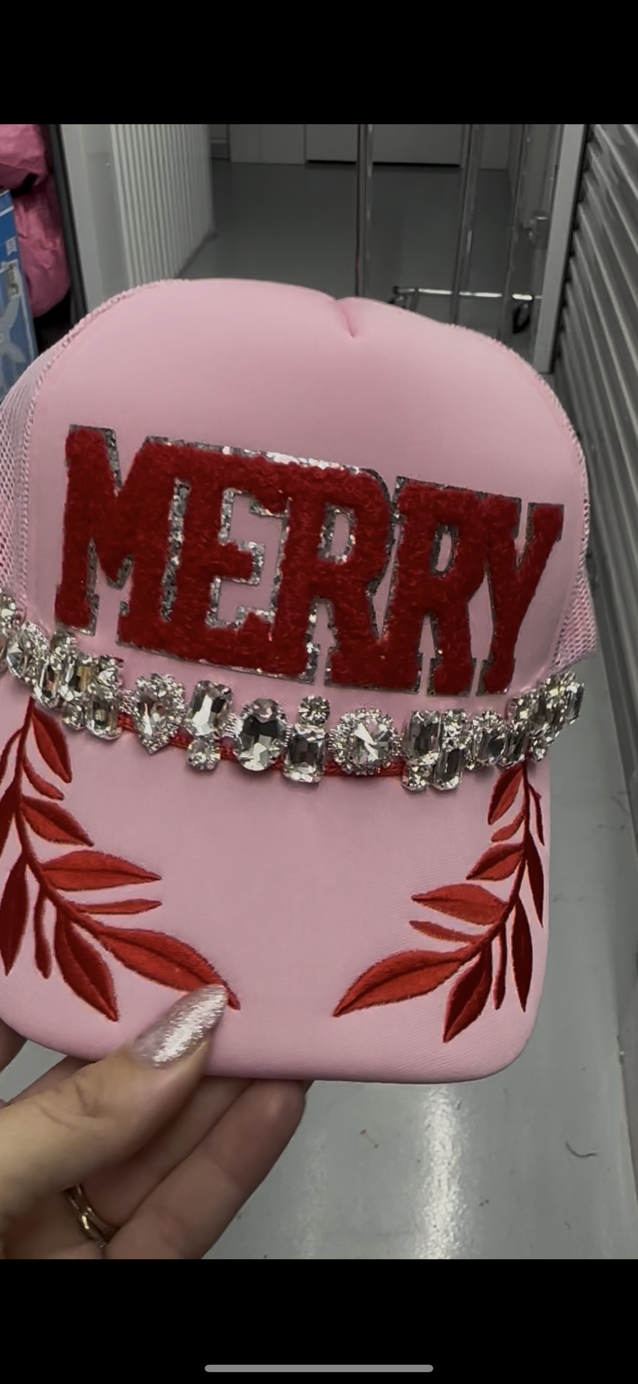 Chenille MERRY Captain Hat | Christmas Trucker | Santa Cap: Pink Captain Hat with rhinestone chain