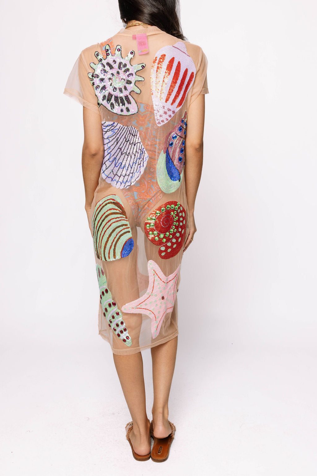 QOS Beige Multi Shell Coverup Midi Dress