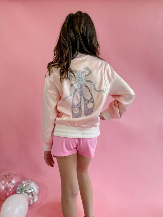 Girls Rhinestone Ballet Satin Bomber Jacket