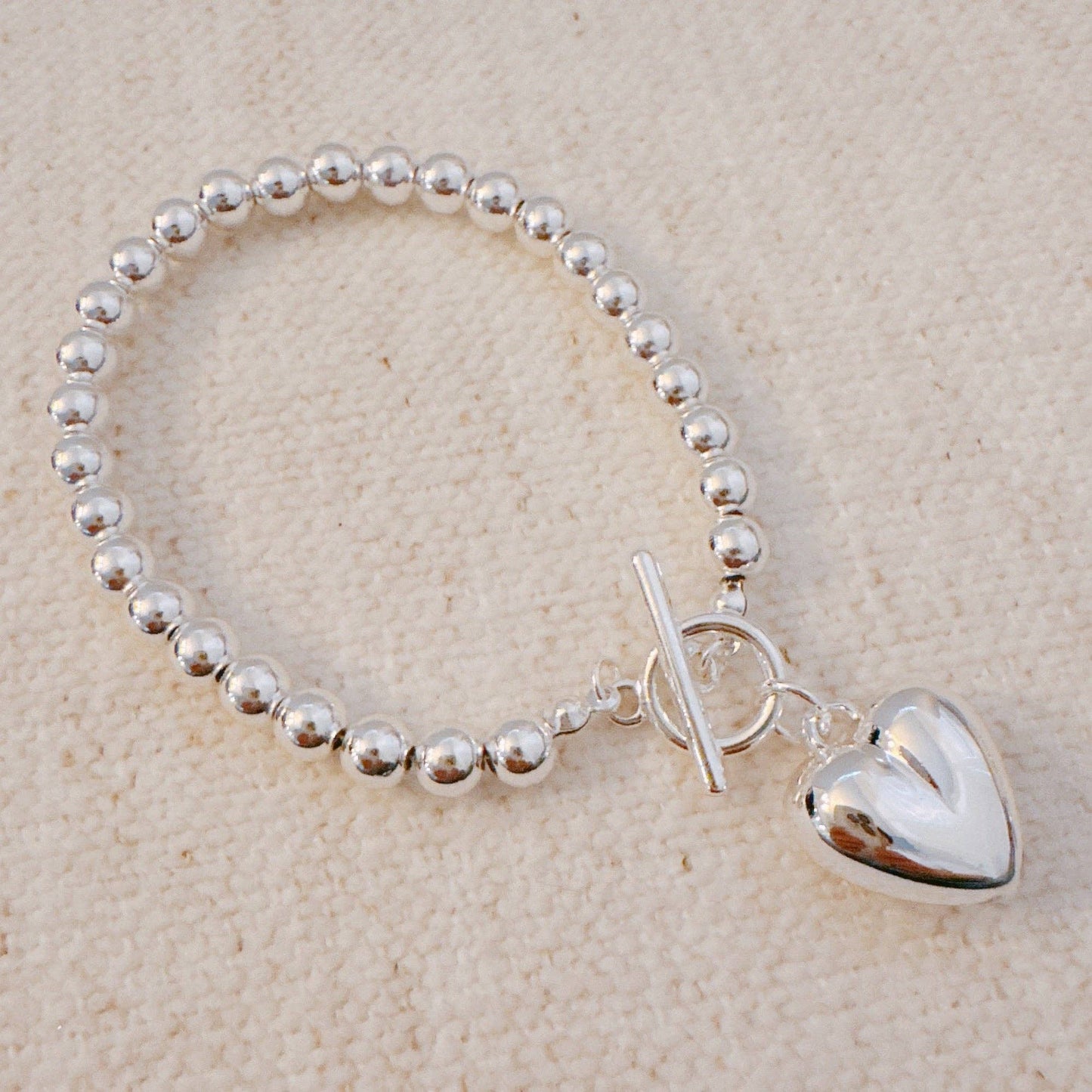 Ball Beads Dangle Heart Toggle Bracelet: Silver