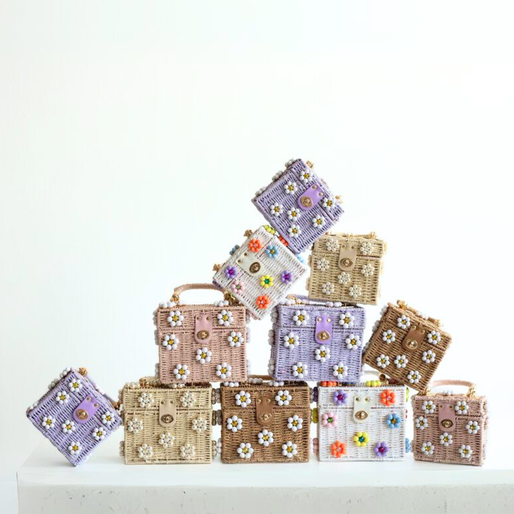 Wicker Bucket Daisy Flower Purse: Cream + Pearl Daisy / Large