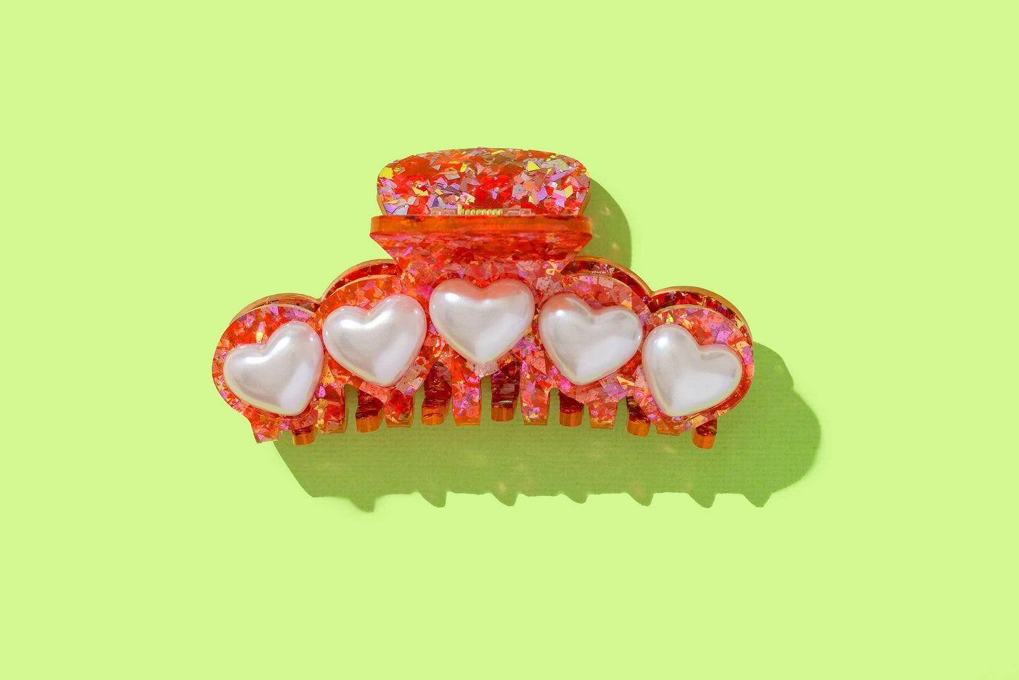 Claw Hair Clip- Red Confetti w/ Pearl Heart Beads