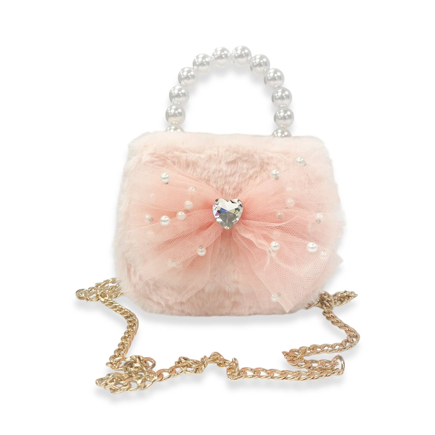Girls Mesh Bow Furry Purse- Pink