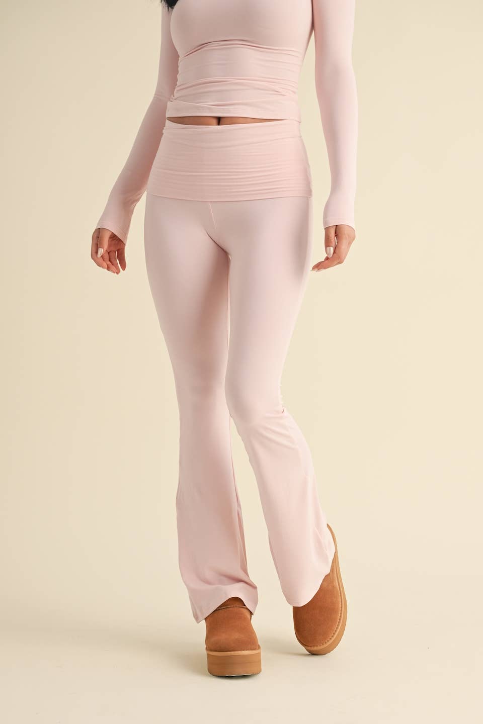 Soft Knit Foldover Flare Pants- Pink
