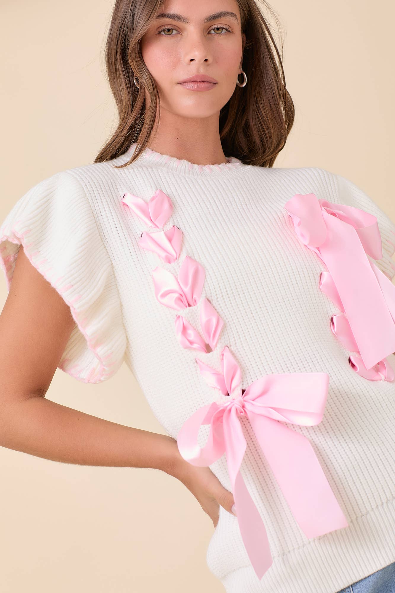 Mon Cherie Sweater Top- White/Pink