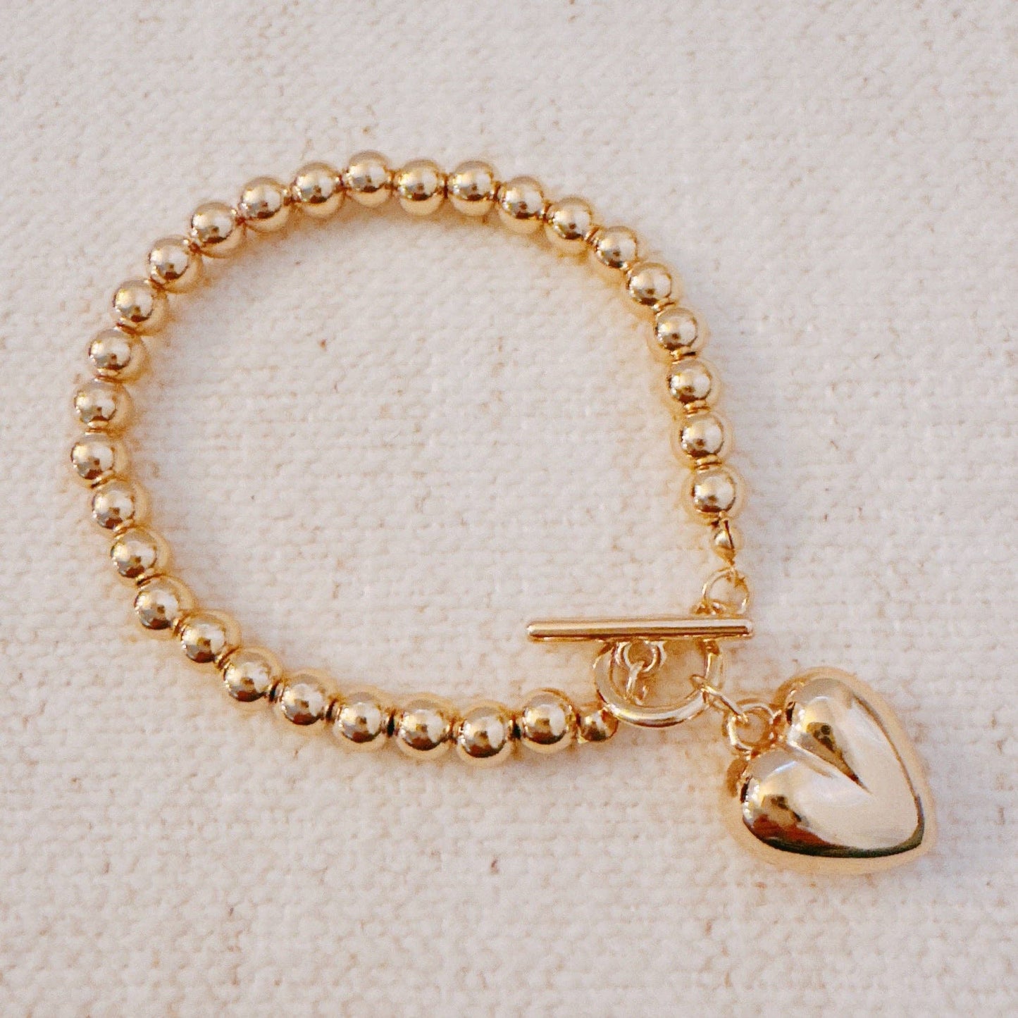 Ball Beads Dangle Heart Toggle Bracelet: Gold