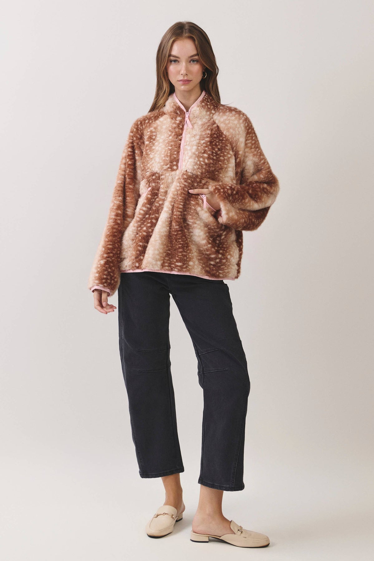 Deer Print Faux Fur Half-Zip Jacket
