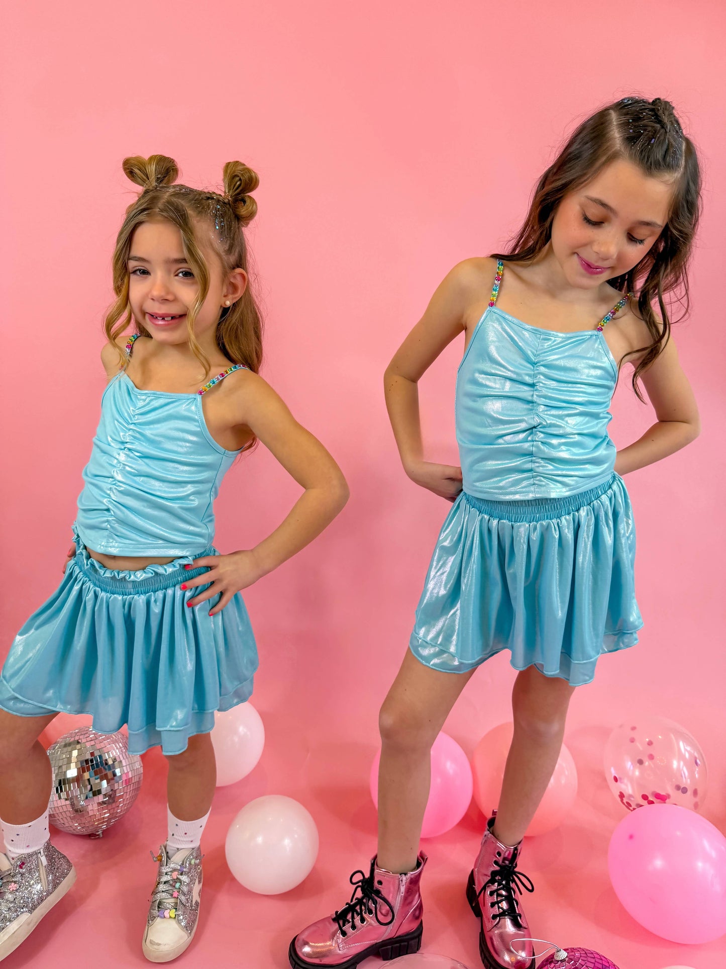 Girls Blue Metallic Skort Set
