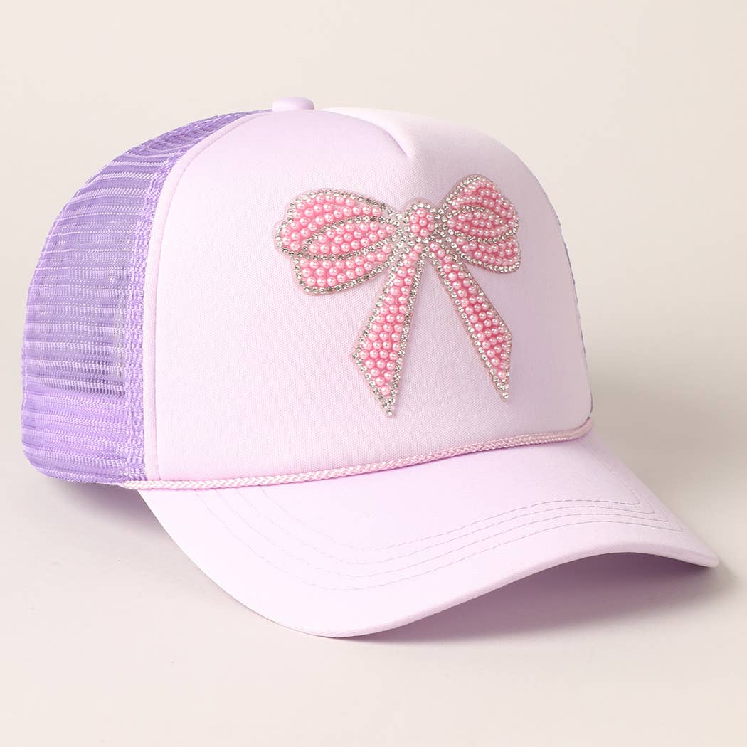 Rhinestone Bow Patch Trucker Hat: Lavender