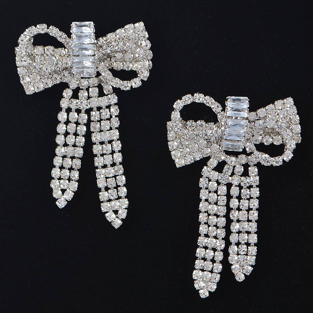 Ribbon Rhinestone Earrings- Silver