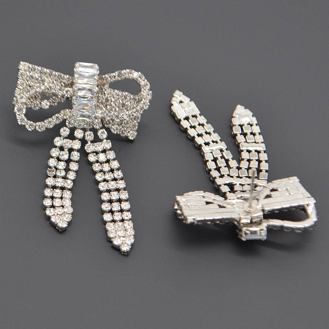 Ribbon Rhinestone Earrings- Silver