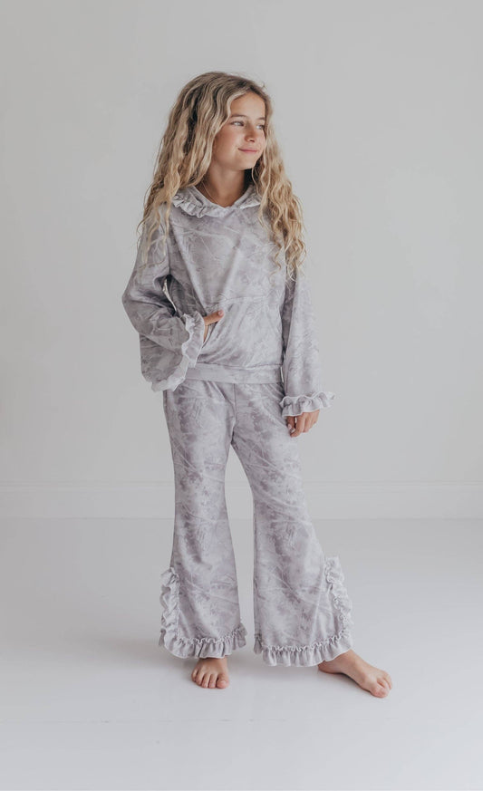 Girls Light Gray Camo Ruffle Lounge Set
