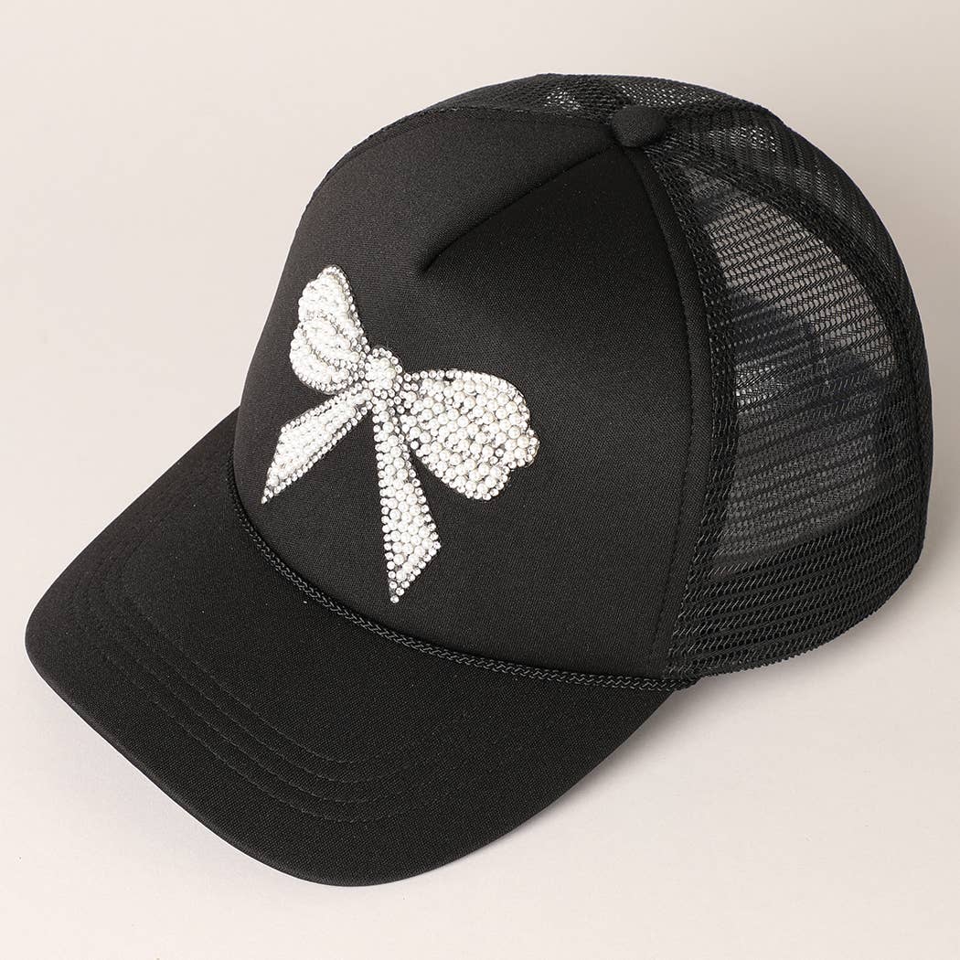 Rhinestone Bow Patch Trucker Hat: Black