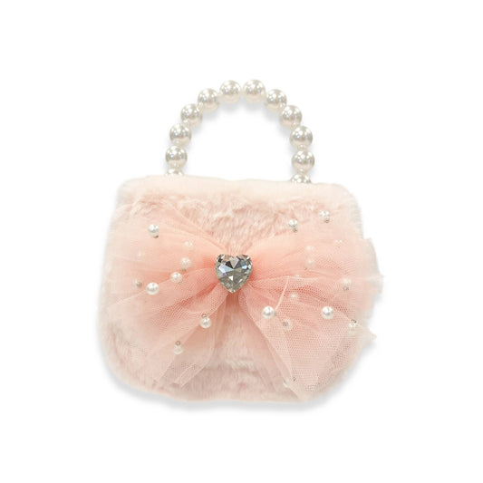 Girls Mesh Bow Furry Purse- Pink