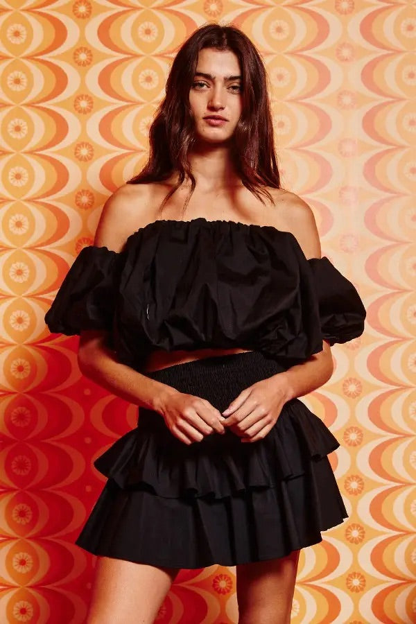 Lyla Smocked Waistband Tiered Skirt- Black