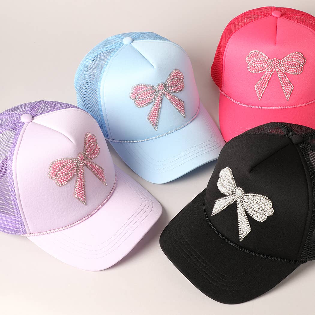 Rhinestone Bow Patch Trucker Hat: Blue