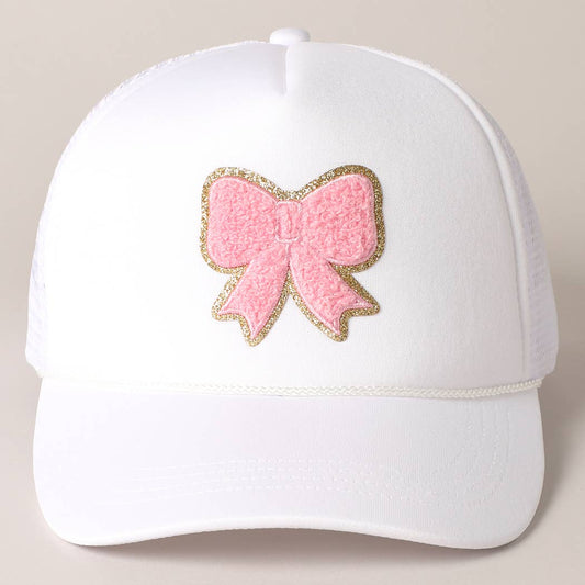 Pink Bow Patch Foam Mesh Back Trucker Hat: White