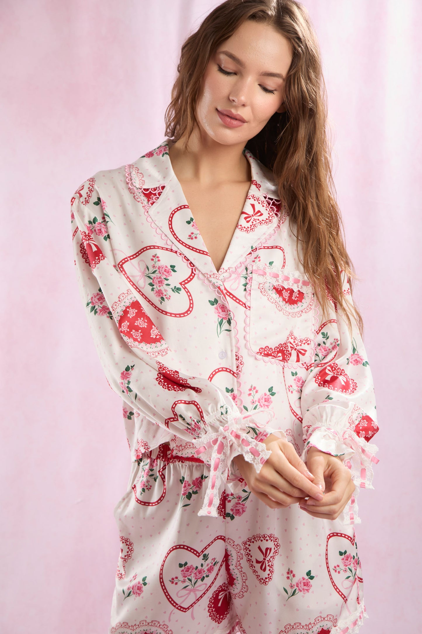 Valentines Heart Lace Satin Pajamas