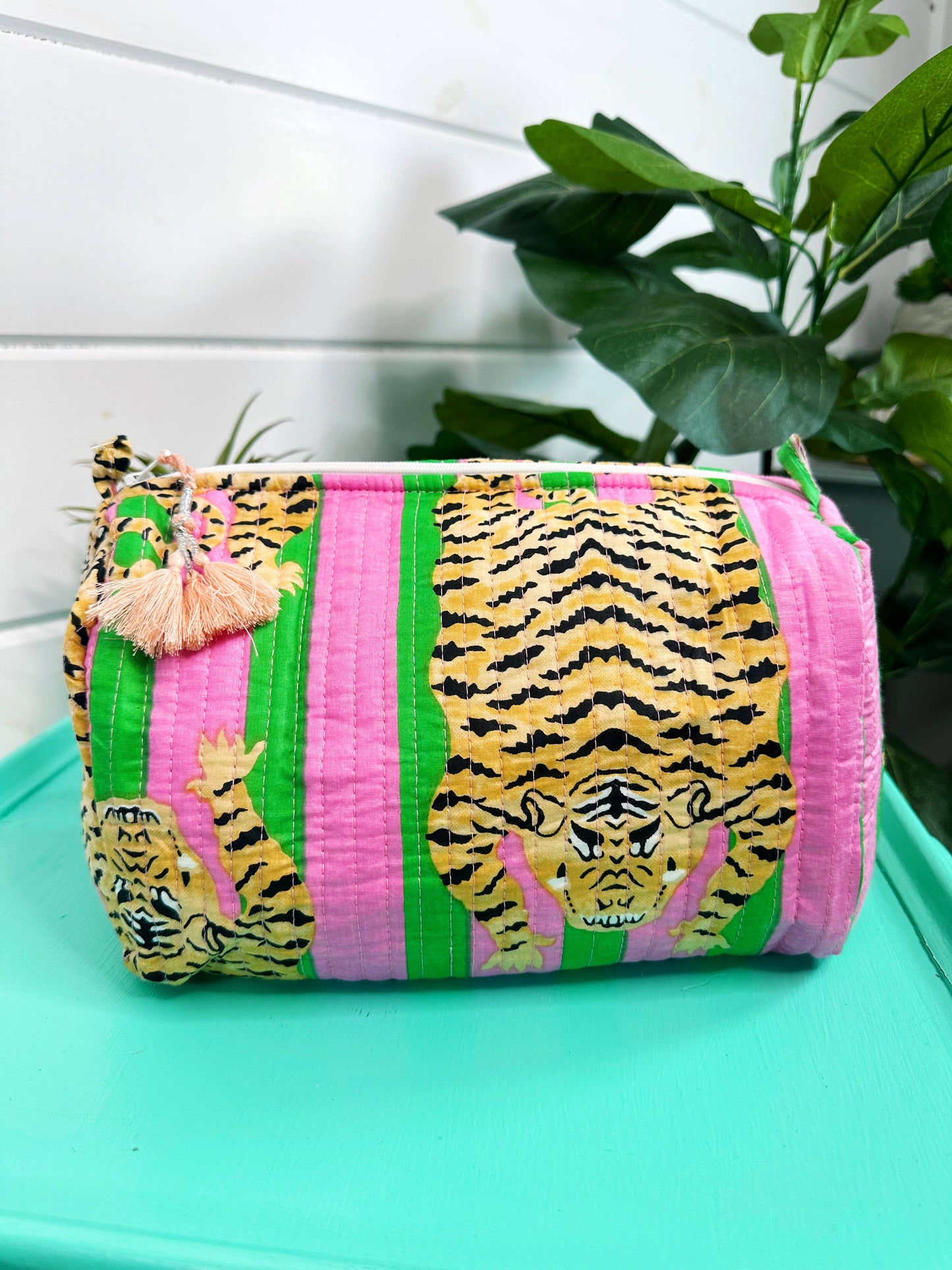 Quilted Makeup Bags- Green/Pink Tiger