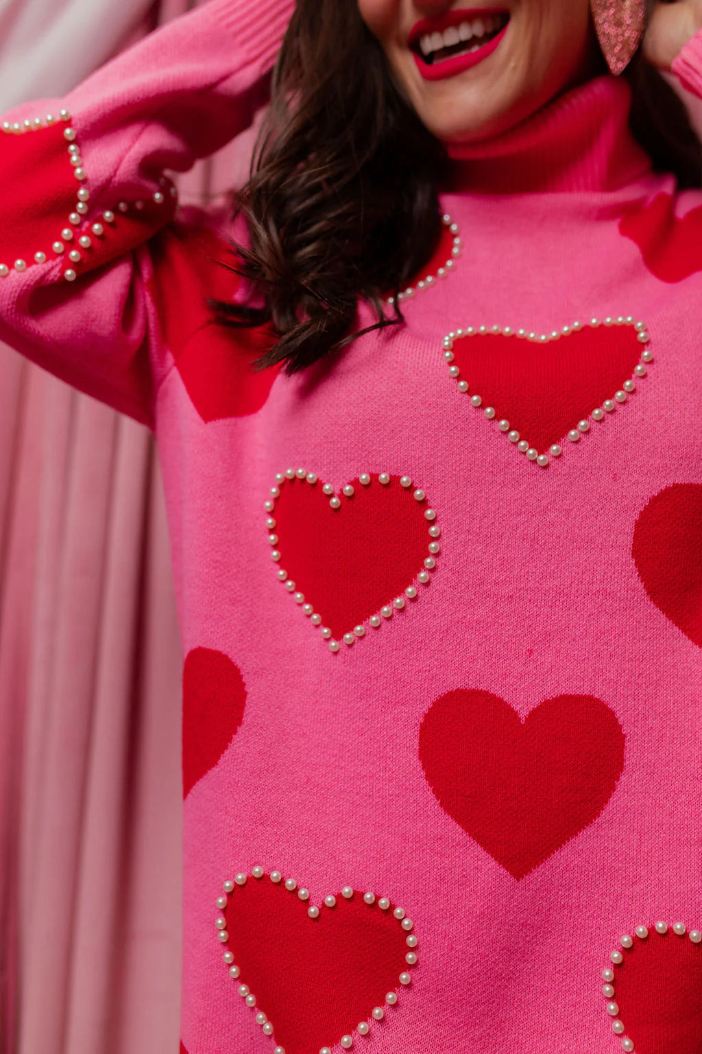 BC- Pink Sweater Tunic with Red Hearts and Pearls