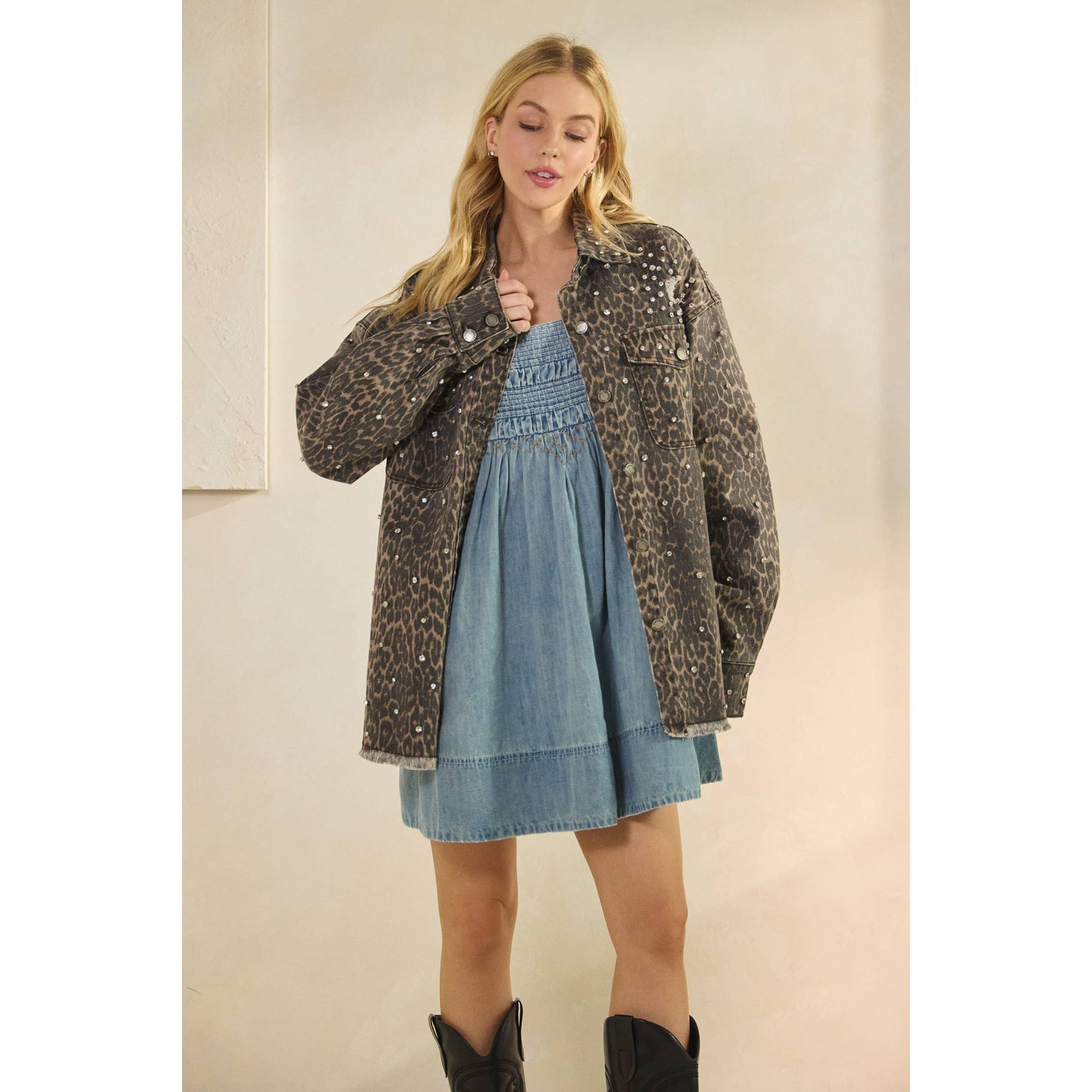 Rhinestone Leopard Denim Jacket