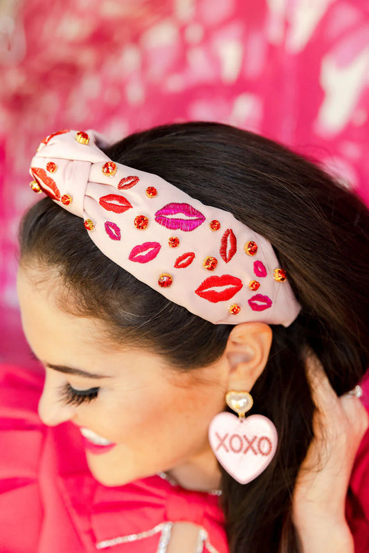 BC- Pink Headband with Embroidered Lips and Crystals