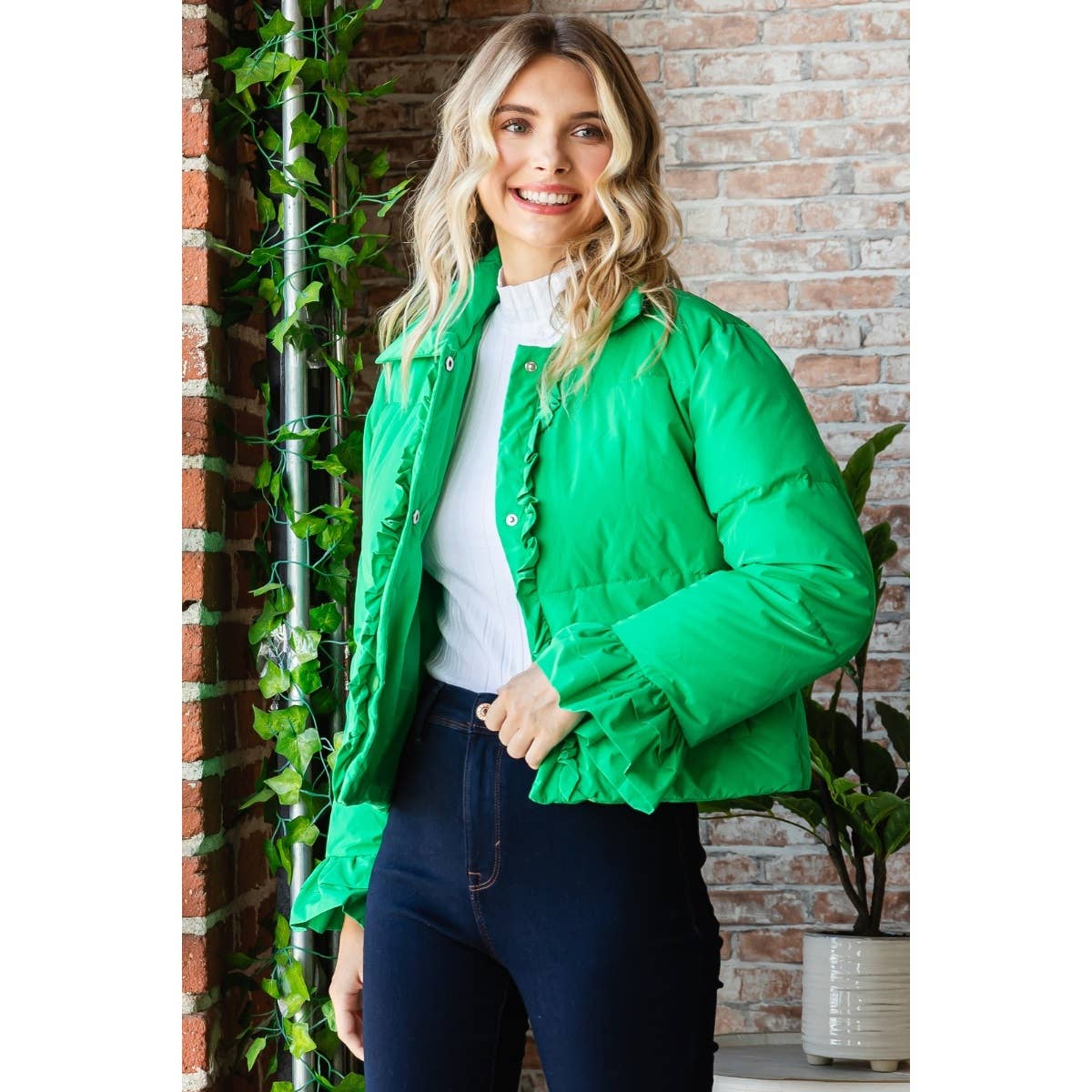 Carrie Ruffle Puffer Jacket- Apple Green