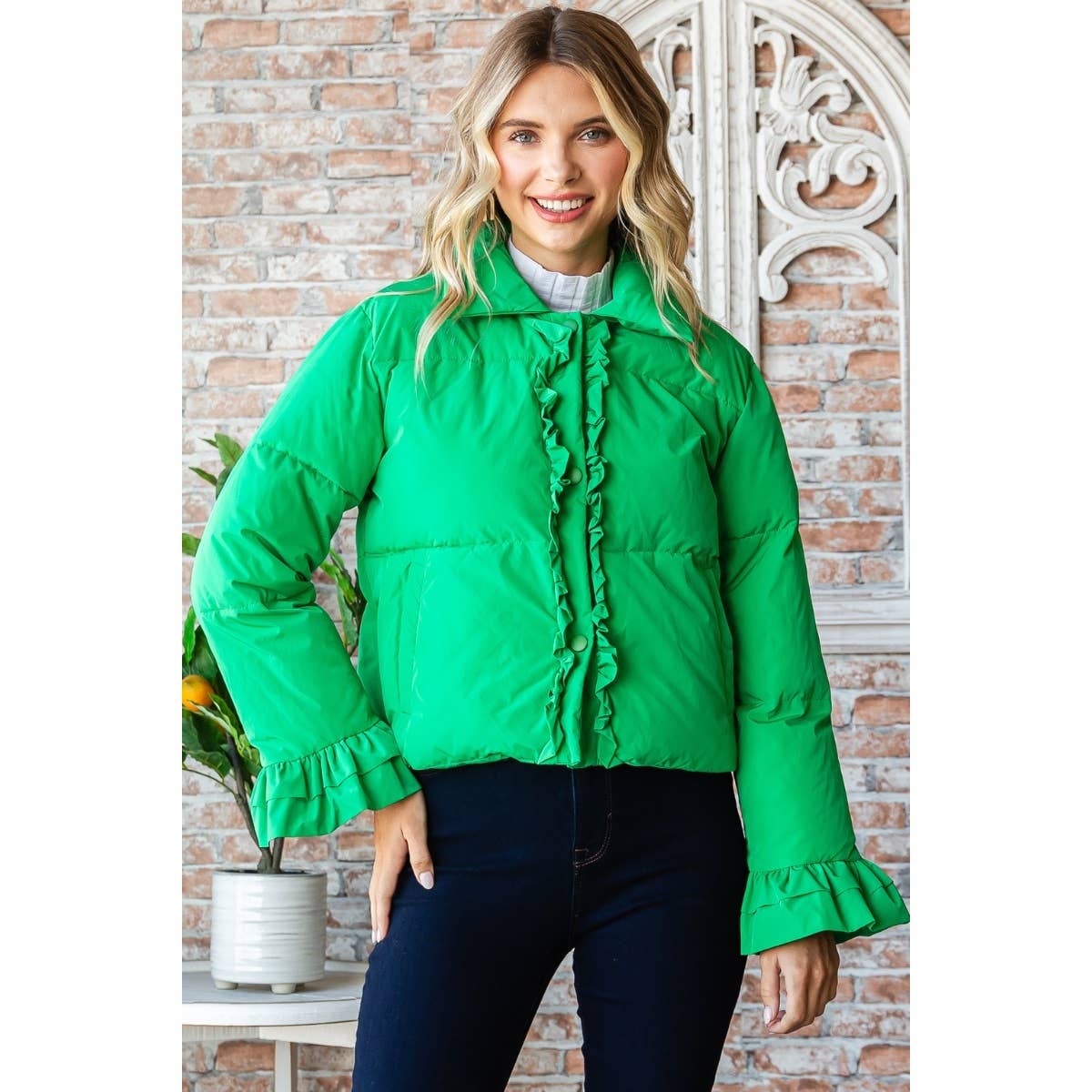 Carrie Ruffle Puffer Jacket- Apple Green