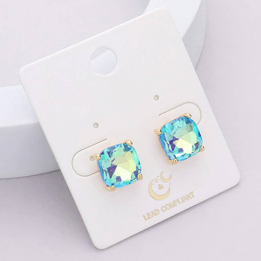 Cushion Square Stone Stud Earrings- Green Blue