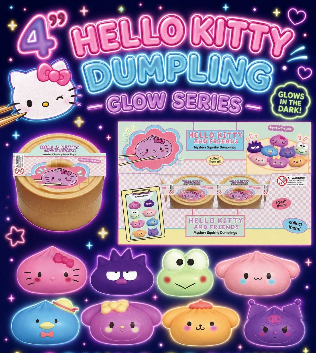 Sanrio Hello Kitty And Friends Mystery Squishy Dumpling Glow In The Dark Fidget Toy (1pc)