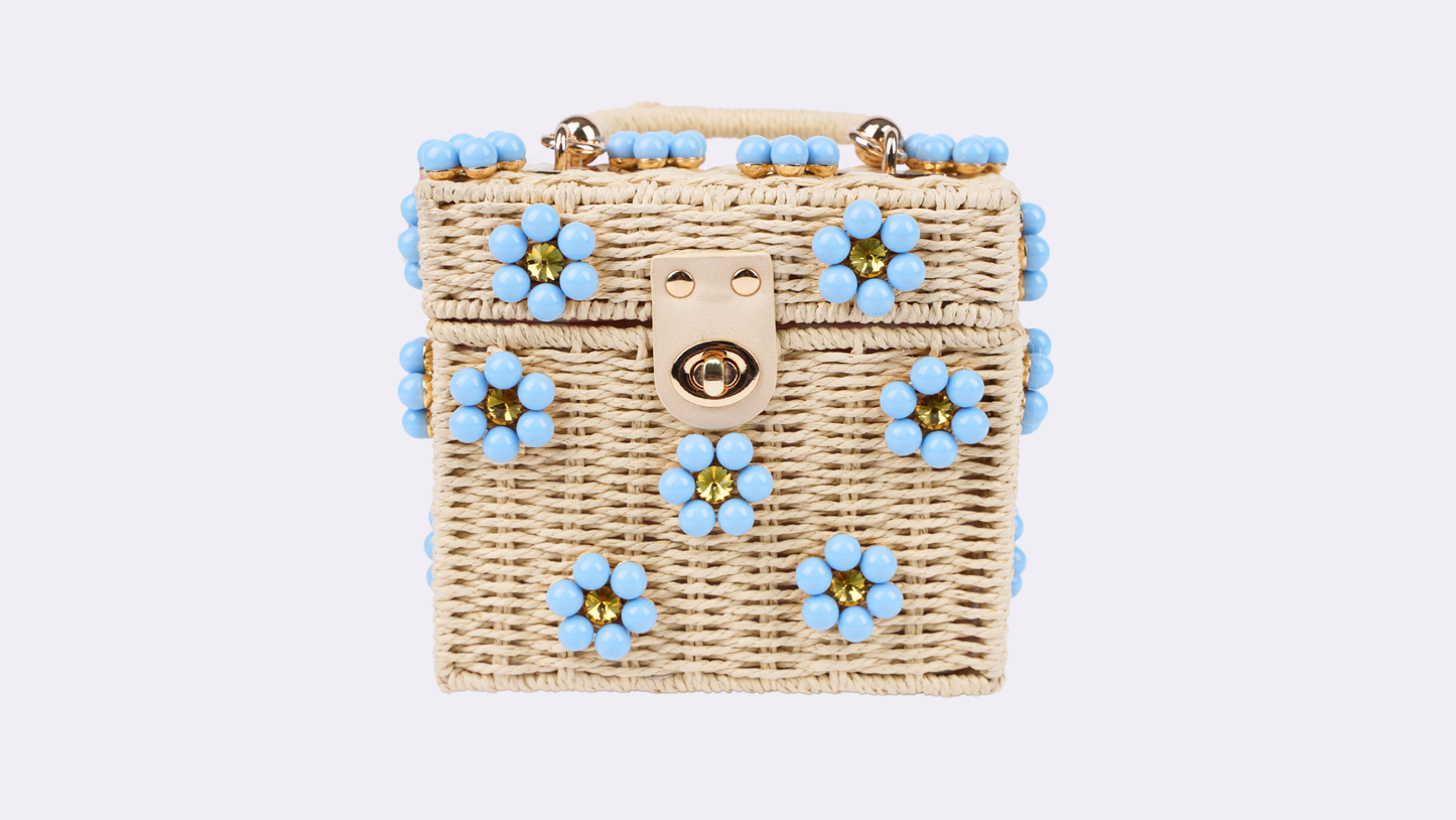 Wicker Bucket Daisy Flower Purse: Cream + Blue Daisy