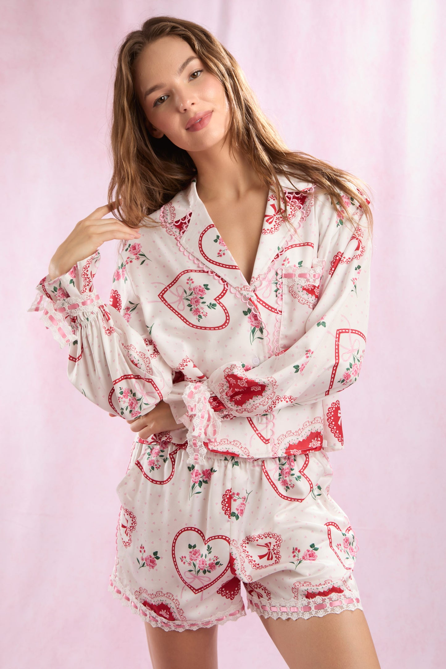 Valentines Heart Lace Satin Pajamas