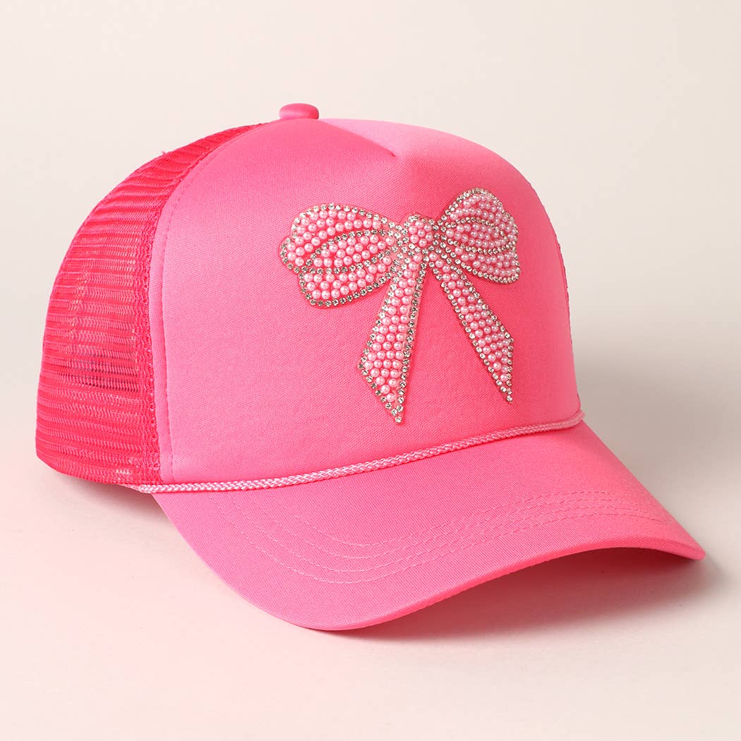 Rhinestone Bow Patch Trucker Hat: Blue