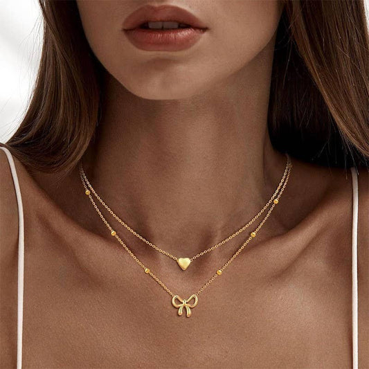 Bow Heart Double Layer Necklace