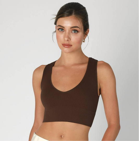 One Size Plunge V-Neck Crop Top- Coffee Bean