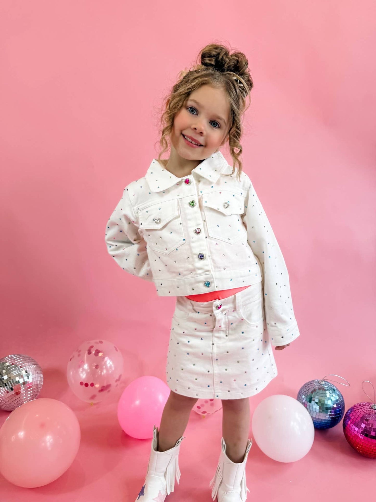 Girls White Denim Gem Set