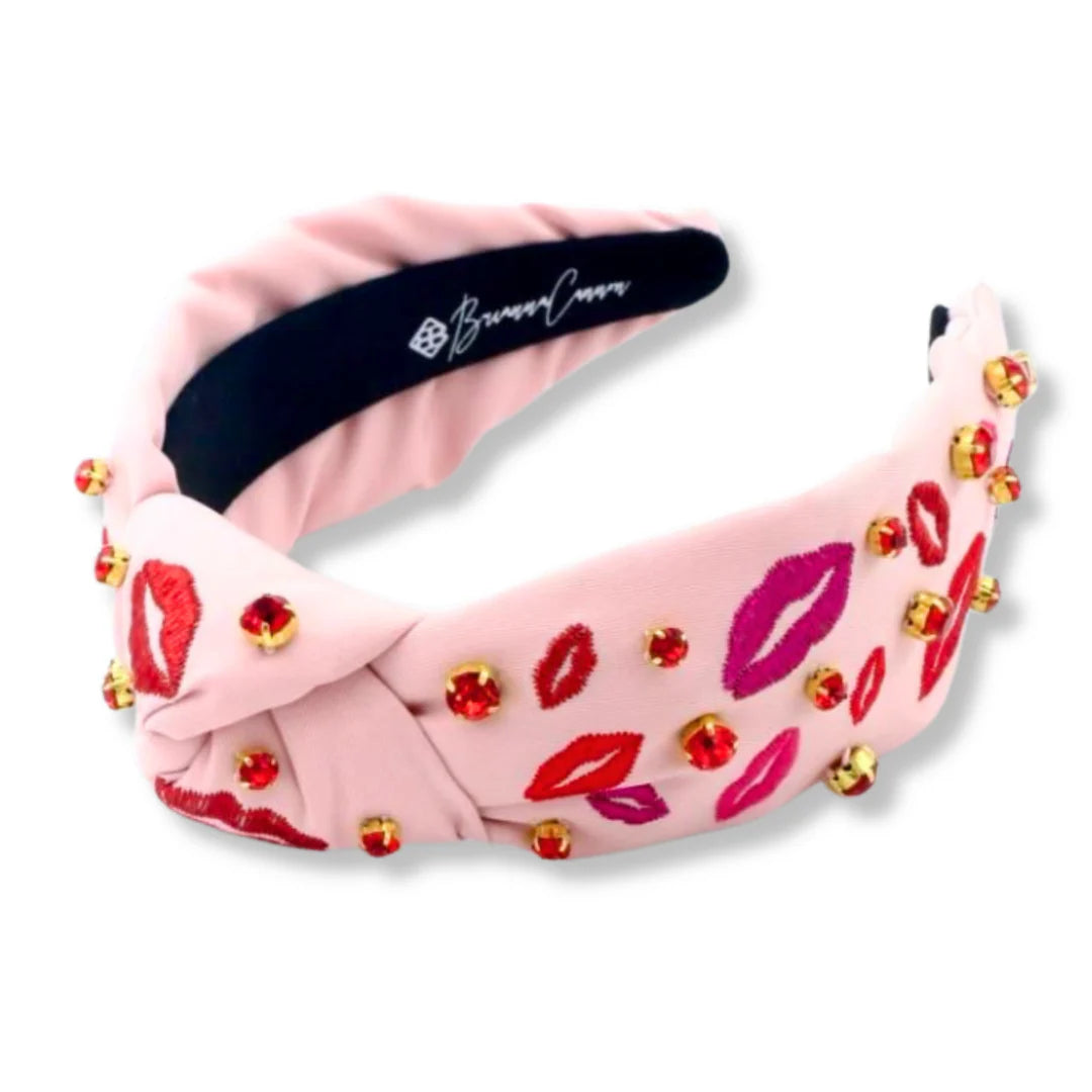 BC- Pink Headband with Embroidered Lips and Crystals