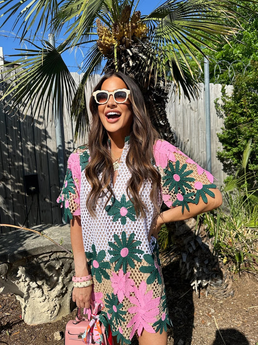 Lulu  Short Sleeve Mini Caftan- Pink Lady