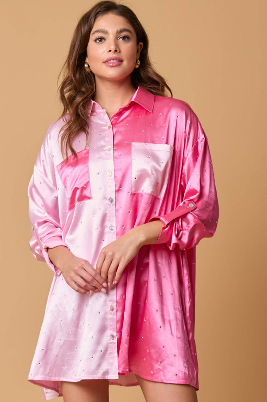 Blake Embellished Shirt Dress- Pink