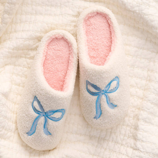 Fuzzy Slippers- Blue Bow